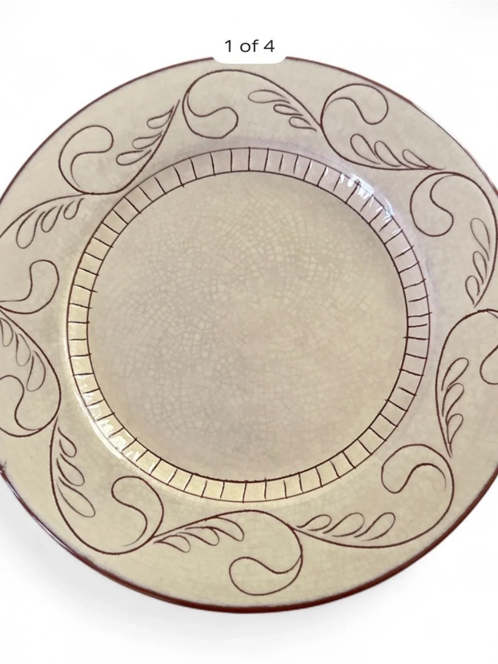 Pottery Barn Cream salad Plate with Brown cabrerra Scroll Motif Set of 4
